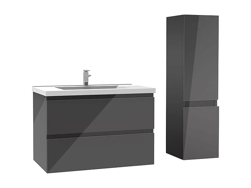 Ensemble meuble salle de bain 80 cm anthracite brillant avec 2 tiroirs à fermeture automatique, lavabo céramique simple + colonne, suspendu