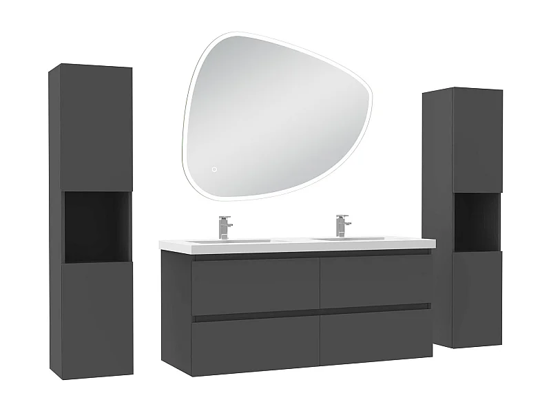 Ensemble meuble anthracite et vasque L.120cm 4 tiroirs + colonne x 2 haute + miroir antibuée Asymétrique à led 100x80cm-suspendu