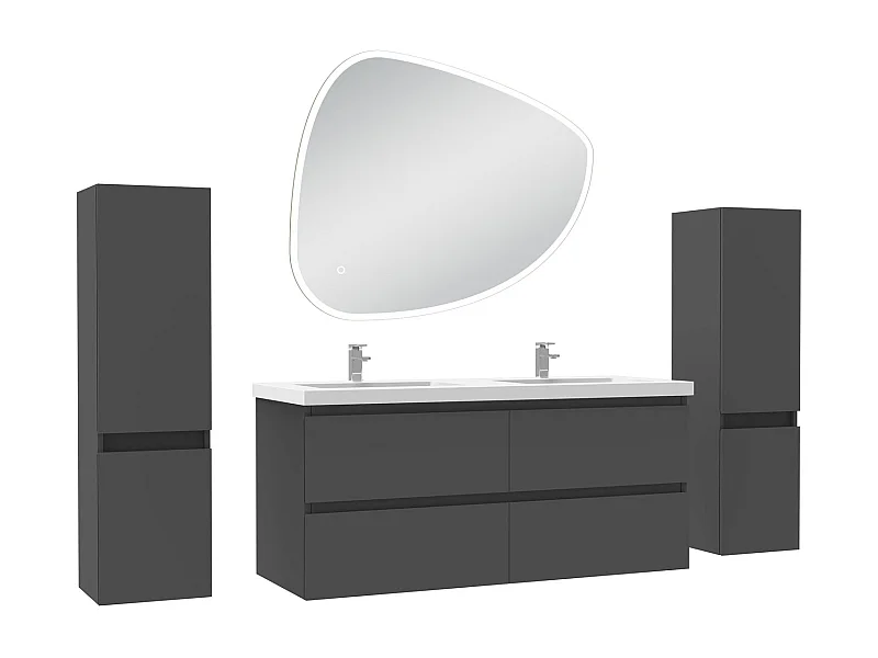 Ensemble meuble anthracite et vasque L.120cm 4 tiroirs + colonne x 2 + miroir antibuée Asymétrique à led 100x80cm-suspendu