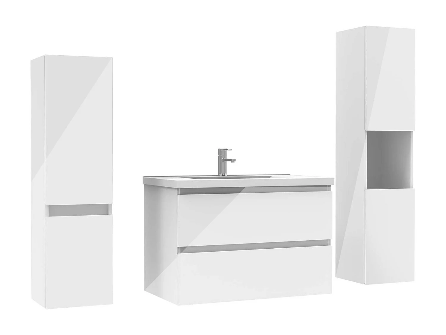 Ensemble meuble salle de bain 80 cm blanc brillant avec 2 tiroirs à fermeture automatique, lavabo céramique simple + deux colonnes, suspendu