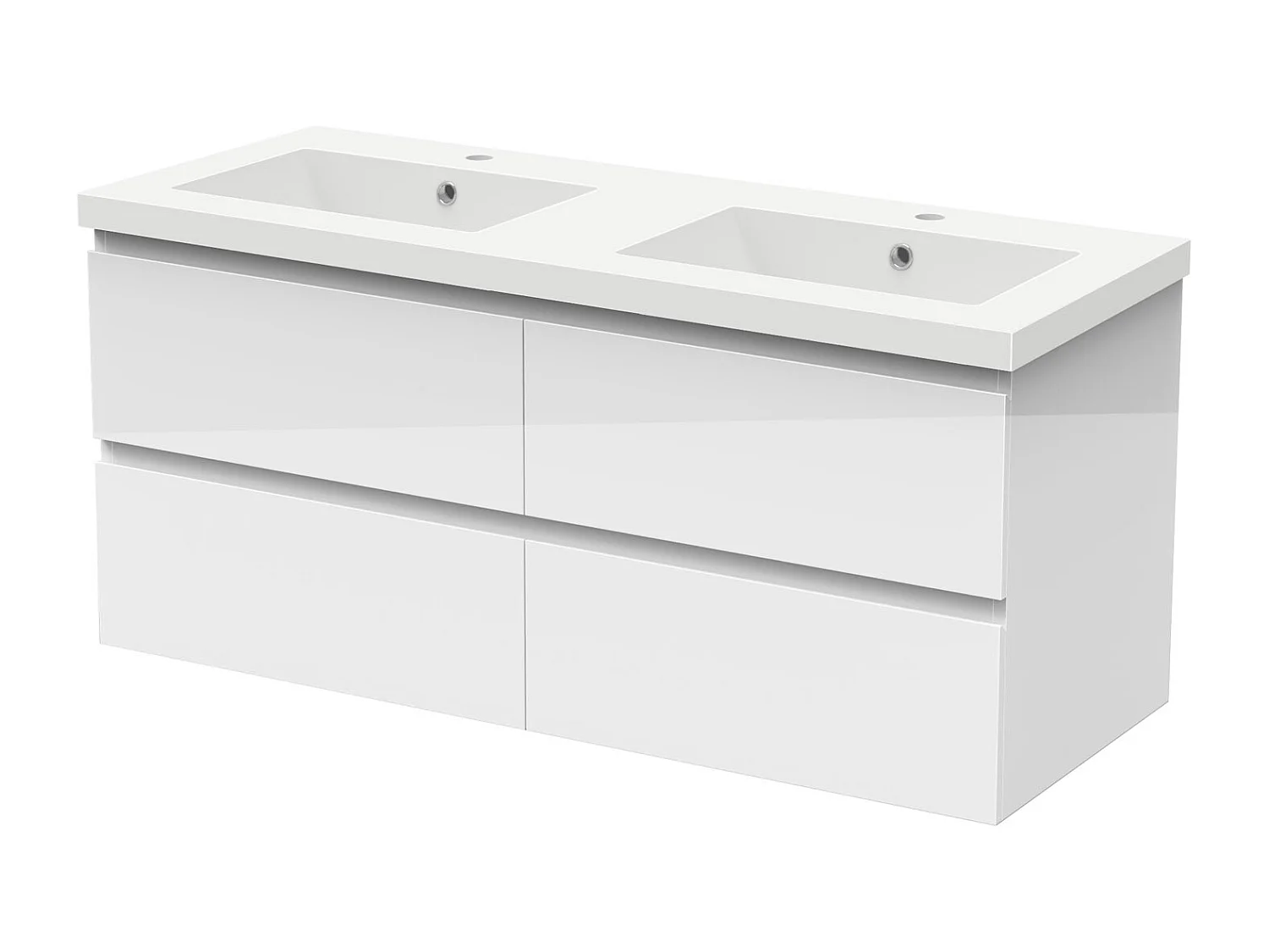 Meuble salle de bain 120cm blanc brillant avec 4 tiroirs à fermeture automatique et double lavabo