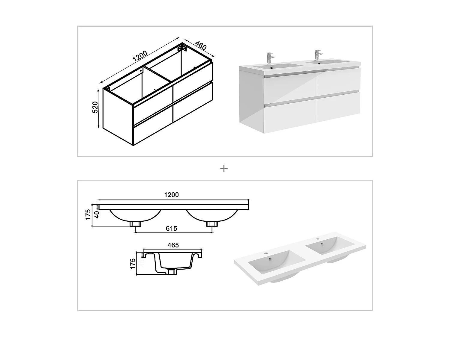 Meuble salle de bain 120cm blanc brillant avec 4 tiroirs à fermeture automatique et double lavabo