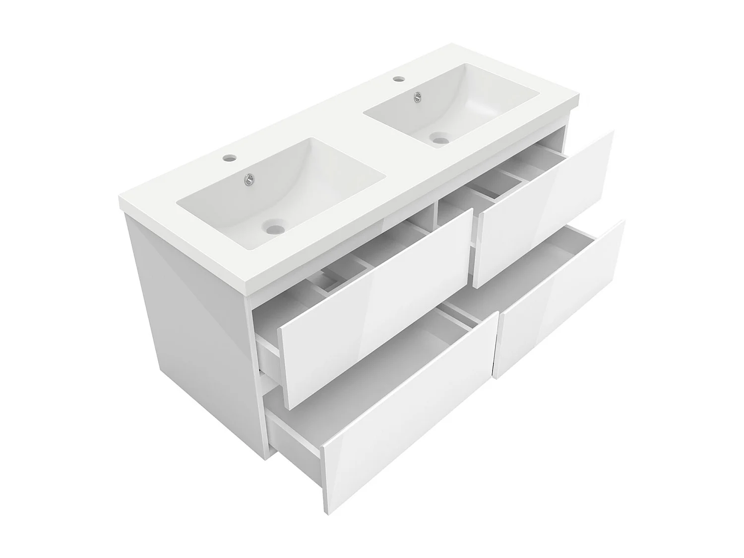Meuble salle de bain 120cm blanc brillant avec 4 tiroirs à fermeture automatique et double lavabo