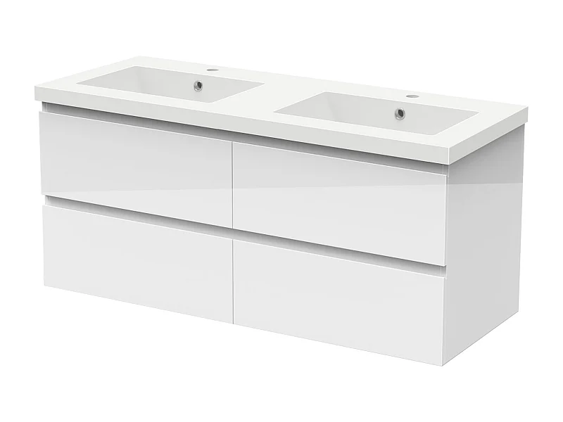 Meuble salle de bain 120cm blanc brillant avec 4 tiroirs à fermeture automatique et double lavabo