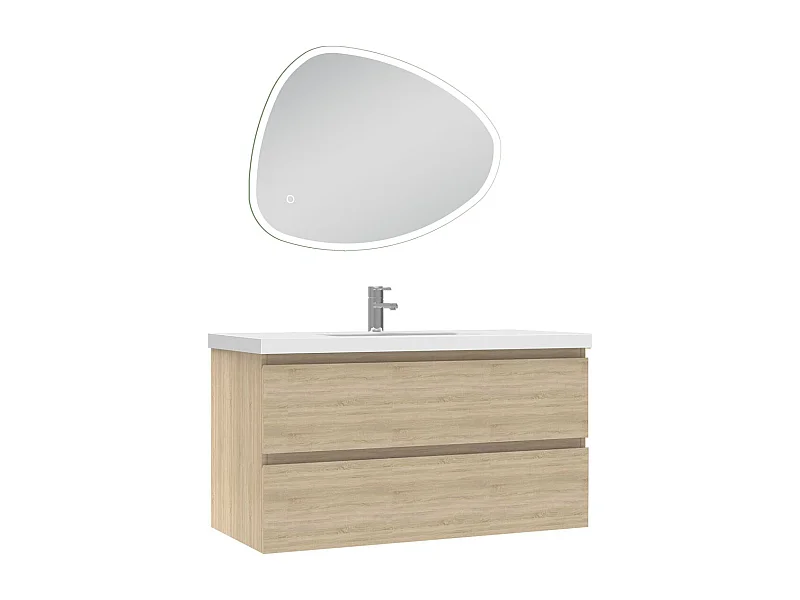Meuble de salle de bain avec lavabo, 100cm, 2 tiroirs + miroir led Asymétrique multifonctionnel avec antibuée 80x65cm, meuble suspendu chêne