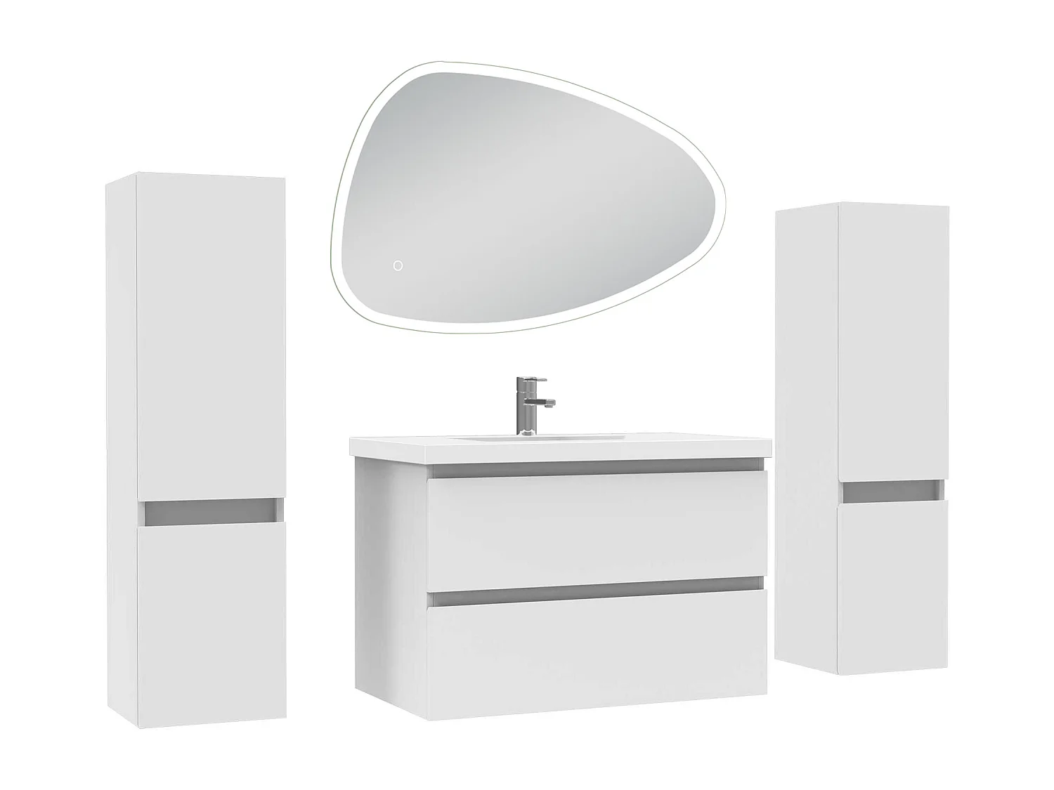 Ensemble meuble blanc et vasque L.80cm 2 tiroirs + colonne x 2 + miroir antibuée Asymétrique à led 80x55cm-suspendu