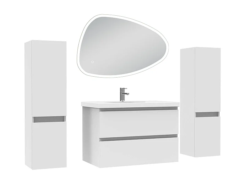 Ensemble meuble blanc et vasque L.80cm 2 tiroirs + colonne x 2 + miroir antibuée Asymétrique à led 80x55cm-suspendu
