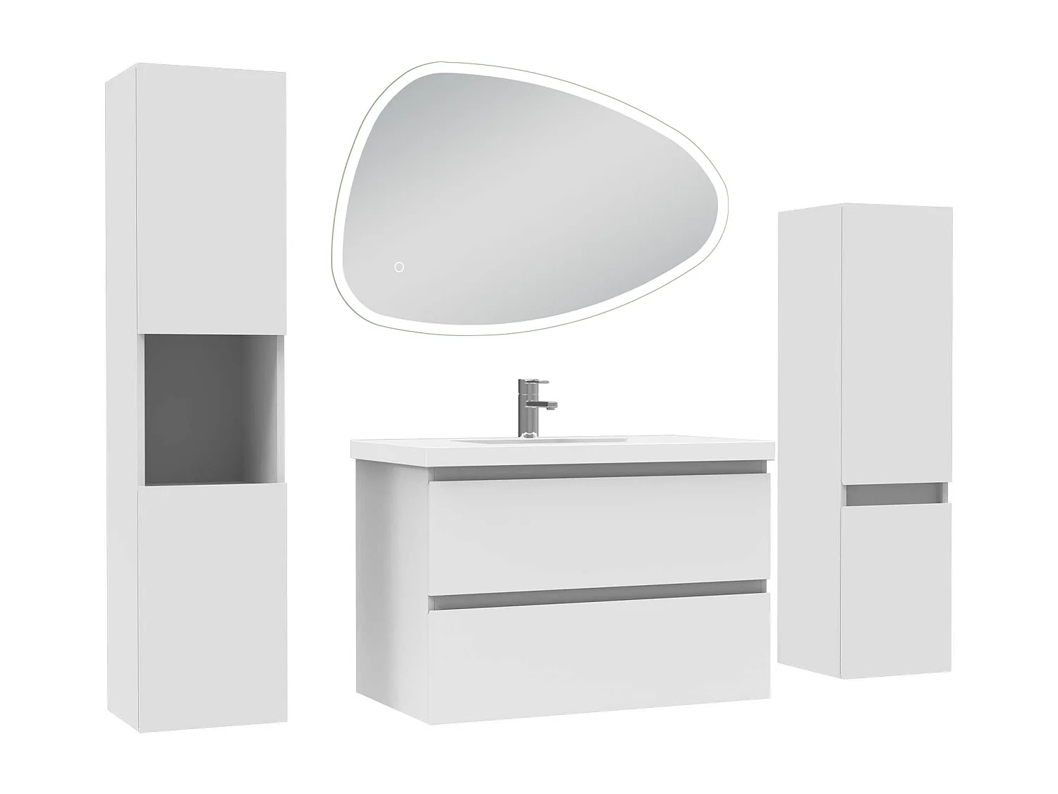 Ensemble meuble blanc et vasque L.80cm 2 tiroirs + colonne haute x 2 + miroir antibuée Asymétrique à led 80x55cm-suspendu