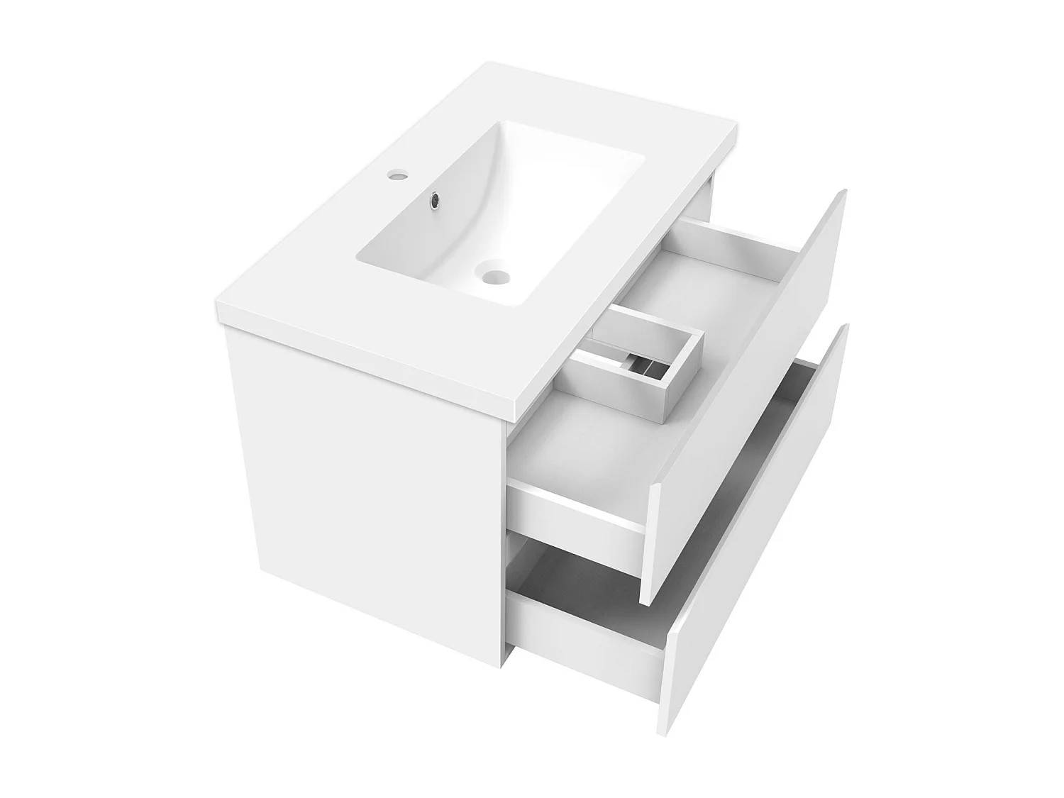 Ensemble meuble blanc et vasque L.80cm 2 tiroirs + colonne haute x 2 + miroir antibuée Asymétrique à led 80x55cm-suspendu