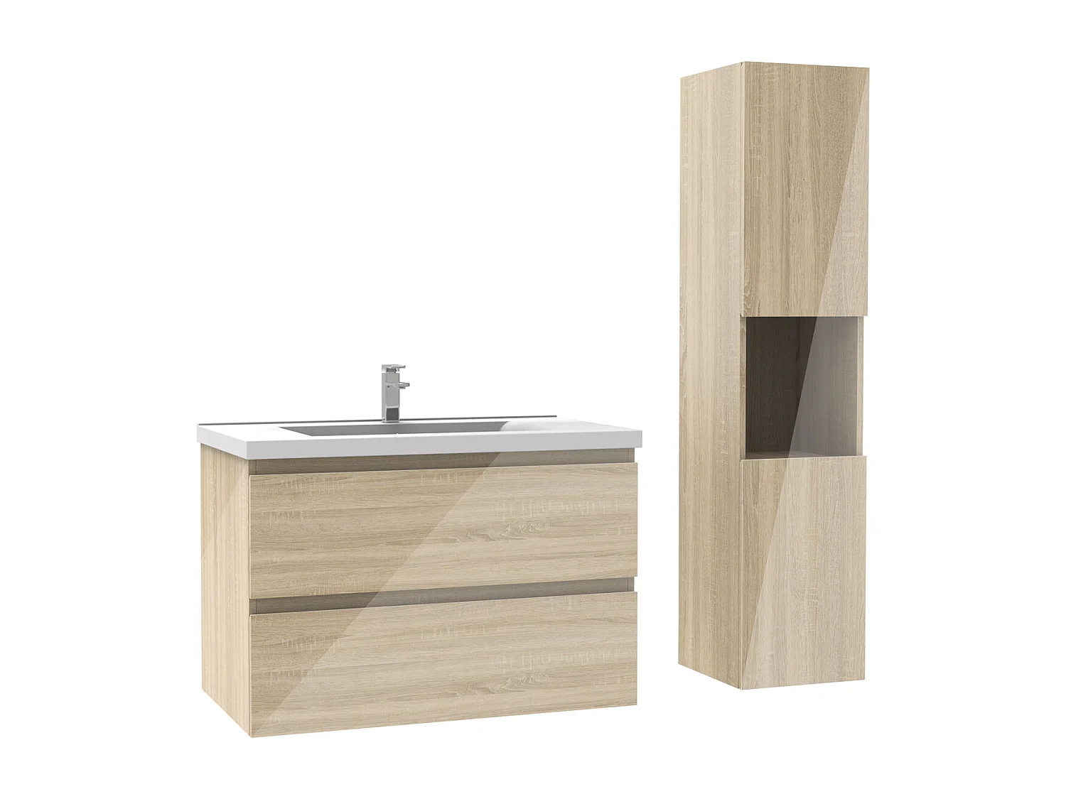 Ensemble meuble salle de bain 80 cm chêne brillant avec 2 tiroirs à fermeture automatique, lavabo céramique simple + colonne haute, suspendu