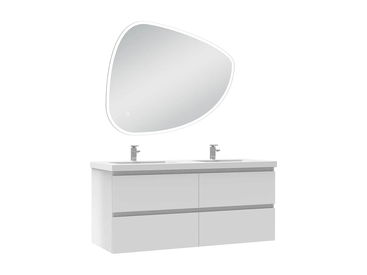 Meuble de salle de bain à 4 tiroirs L.120cm + lavabo + miroir antibuée Asymétrique à led 100x80cm, blanc suspendu