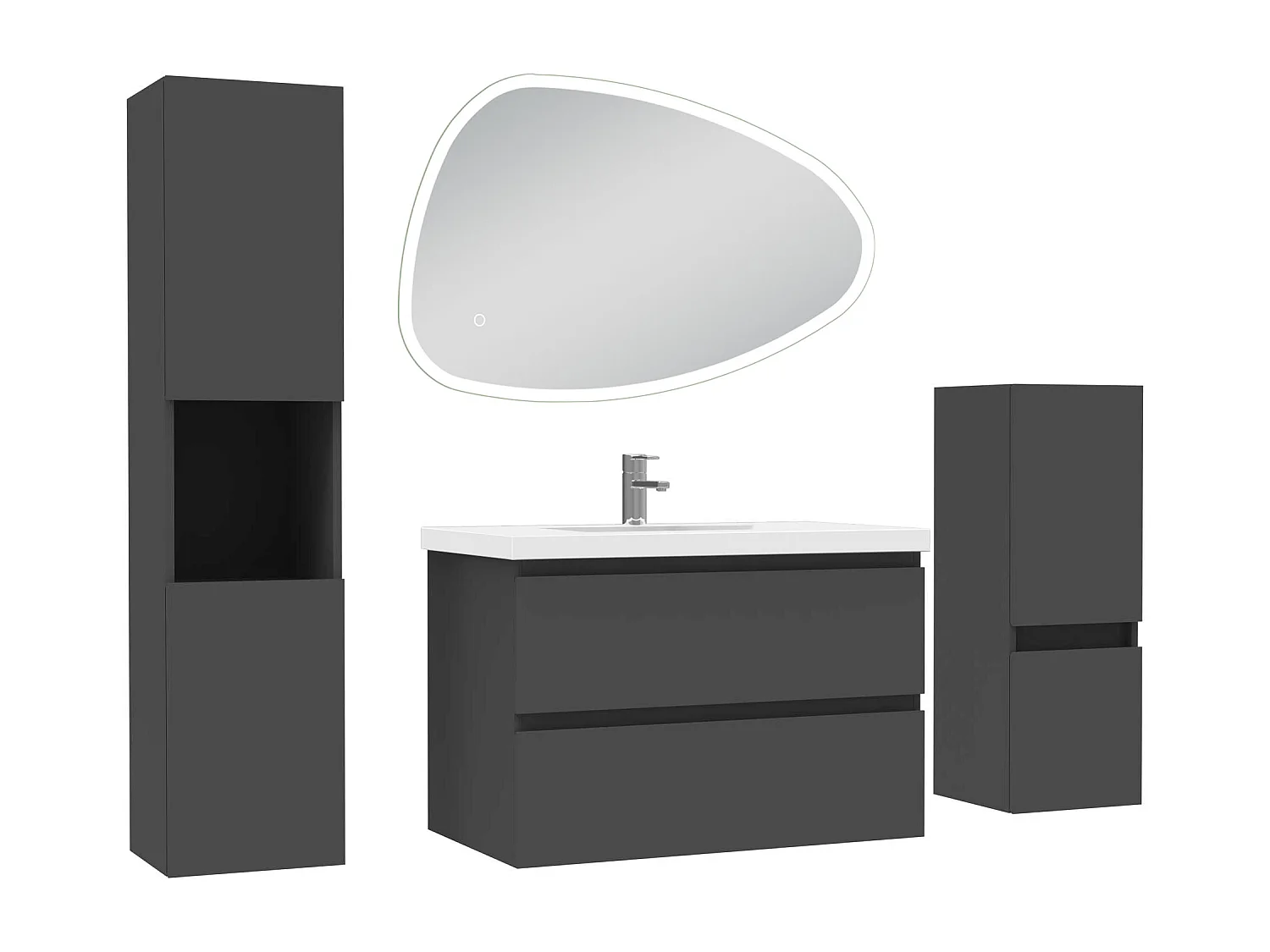 Ensemble meuble anthracite et vasque L.80cm 2 tiroirs + colonne haute + colonne basse + miroir antibuée Asymétrique à led 80x55cm-suspendu