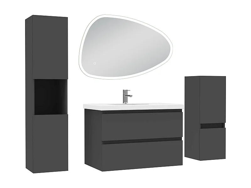 Ensemble meuble anthracite et vasque L.80cm 2 tiroirs + colonne haute + colonne basse + miroir antibuée Asymétrique à led 80x55cm-suspendu