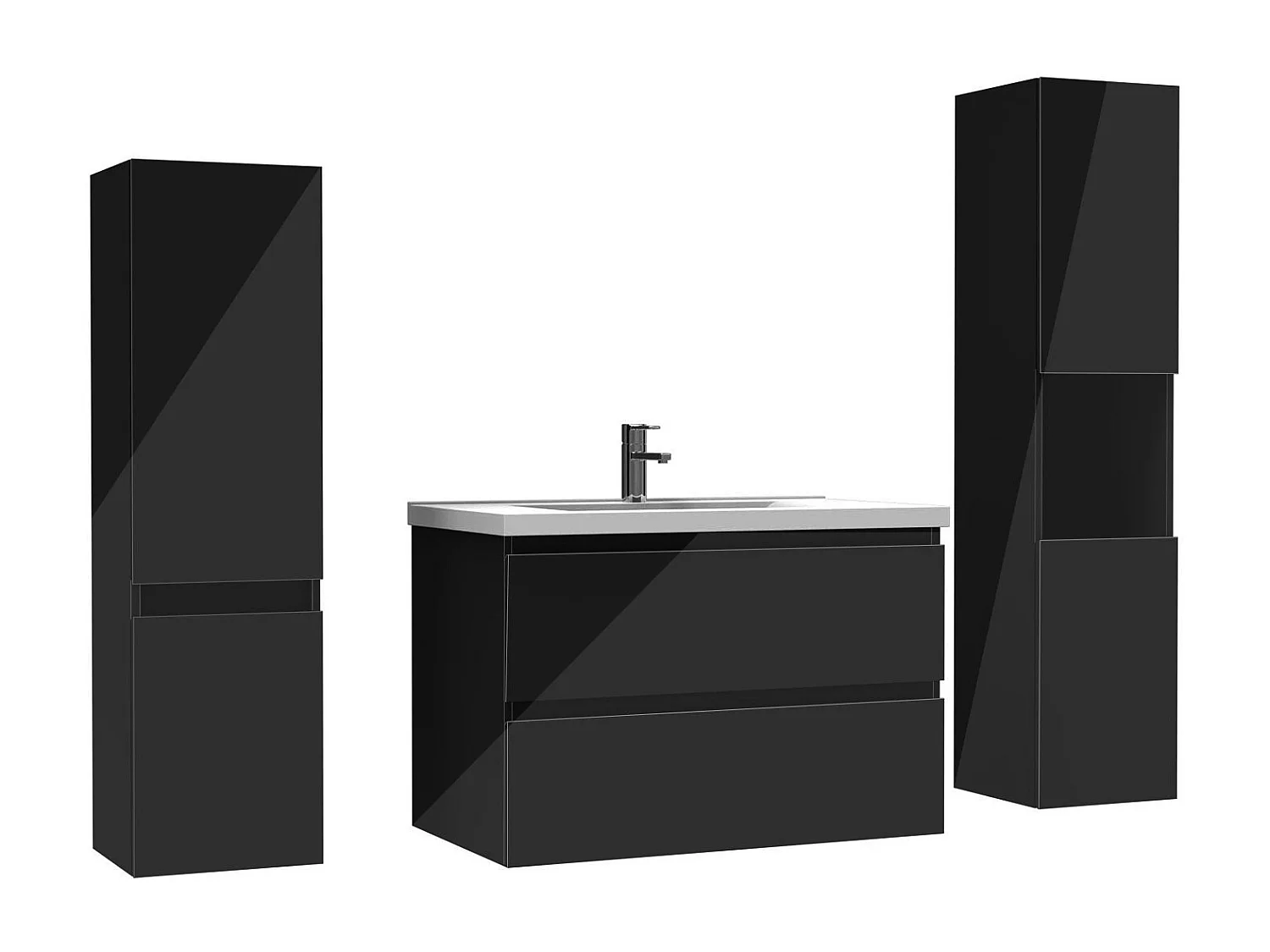 Ensemble meuble salle de bain 80 cm noir brillant avec 2 tiroirs à fermeture automatique, lavabo céramique simple + deux colonnes, suspendu