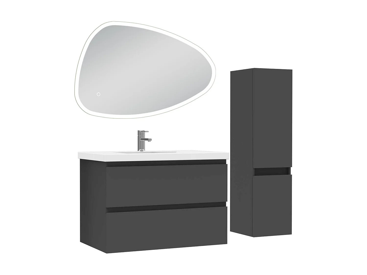 Ensemble meuble anthracite et vasque L.80cm 2 tiroirs + colonne + miroir antibuée Asymétrique à led 80x55cm-suspendu
