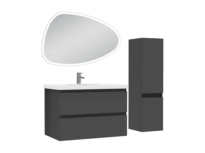 Ensemble meuble anthracite et vasque L.80cm 2 tiroirs + colonne + miroir antibuée Asymétrique à led 80x55cm-suspendu