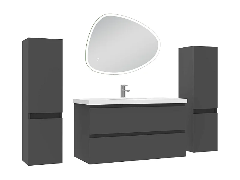 Ensemble meuble anthracite et lavabo L.100cm 2 tiroirs + colonne x 2 + miroir antibuée Asymétrique à LED 80x65cm-suspendu