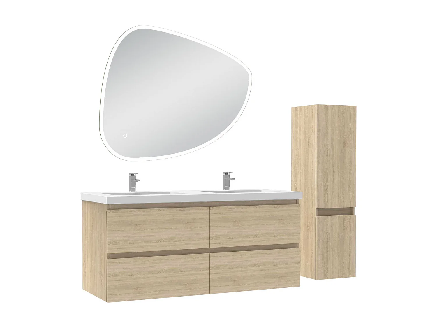 Ensemble meuble chêne et vasque L.120cm 4 tiroirs + colonne + miroir antibuée Asymétrique à led 100x80cm-suspendu