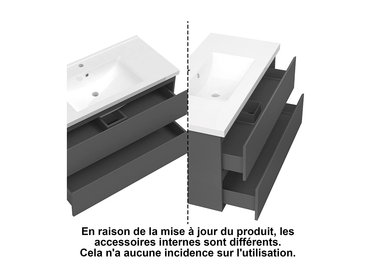 Ensemble meuble anthracite et lavabo L.100cm 2 tiroirs + colonne haute x 2 + miroir antibuée Asymétrique à LED 80x65cm-suspendu