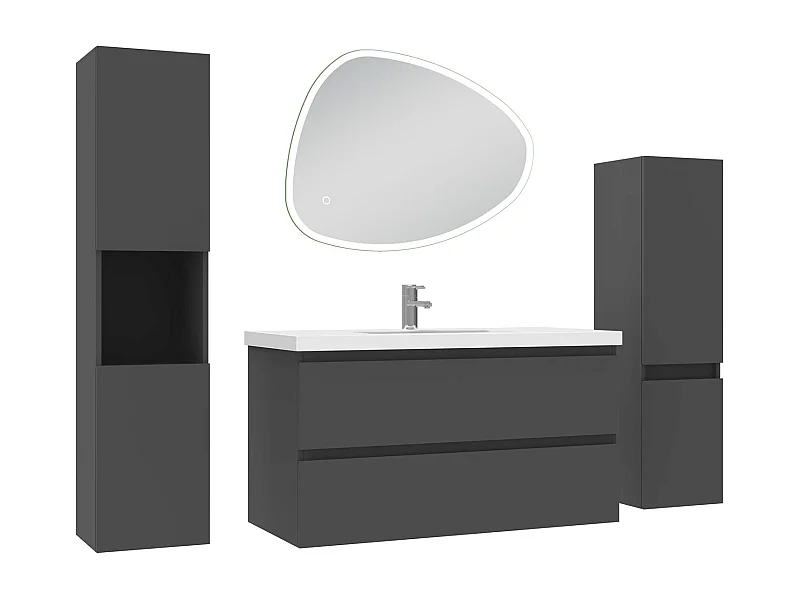 Ensemble meuble anthracite et vasque L.100cm 2 tiroirs + colonne haute x 2 + miroir antibuée Asymétrique à led 80x65cm-suspendu