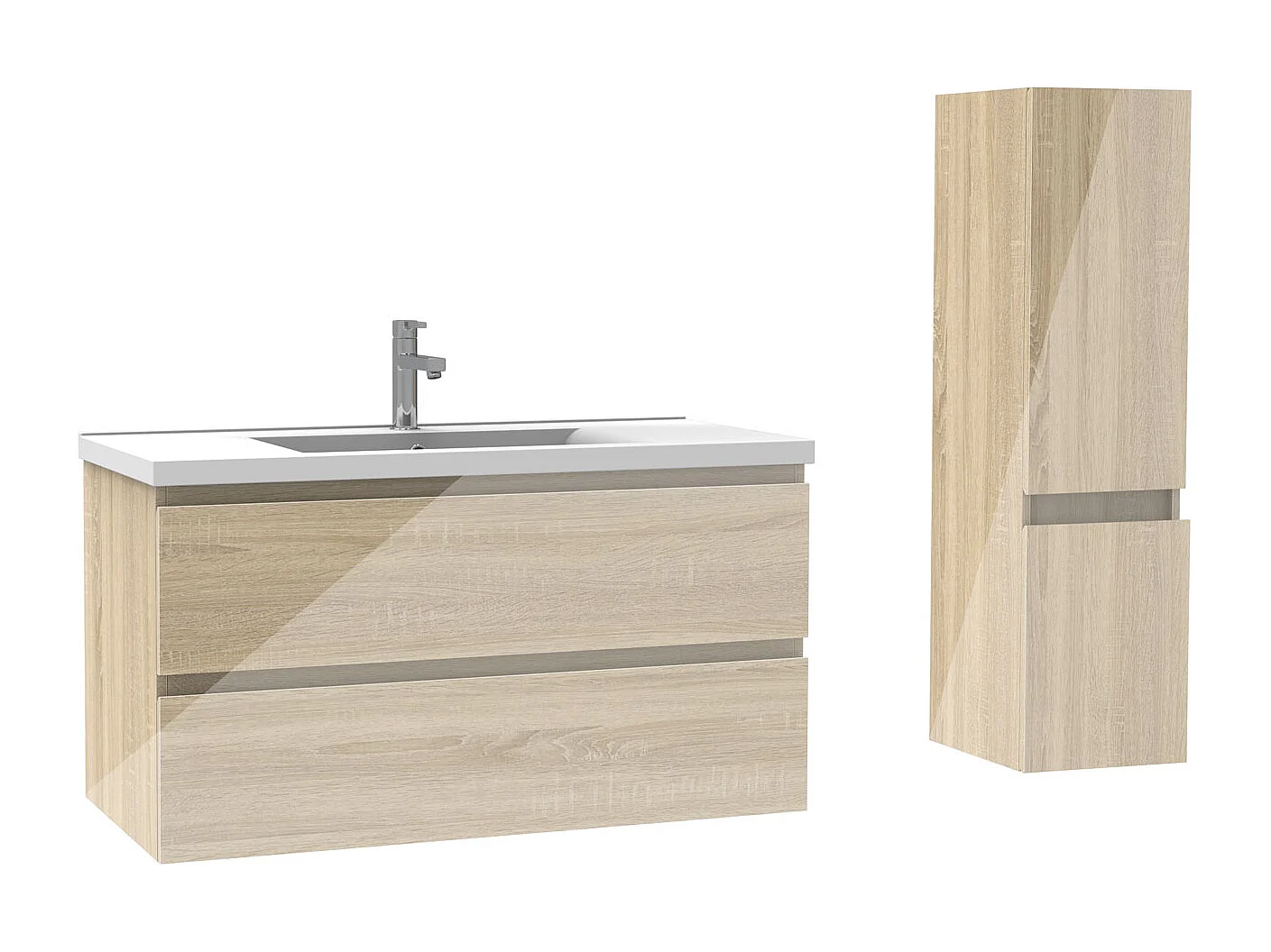 Ensemble meuble salle de bain 100 cm chêne brillant avec 2 tiroirs à fermeture automatique, lavabo céramique simple + colonne, suspendu