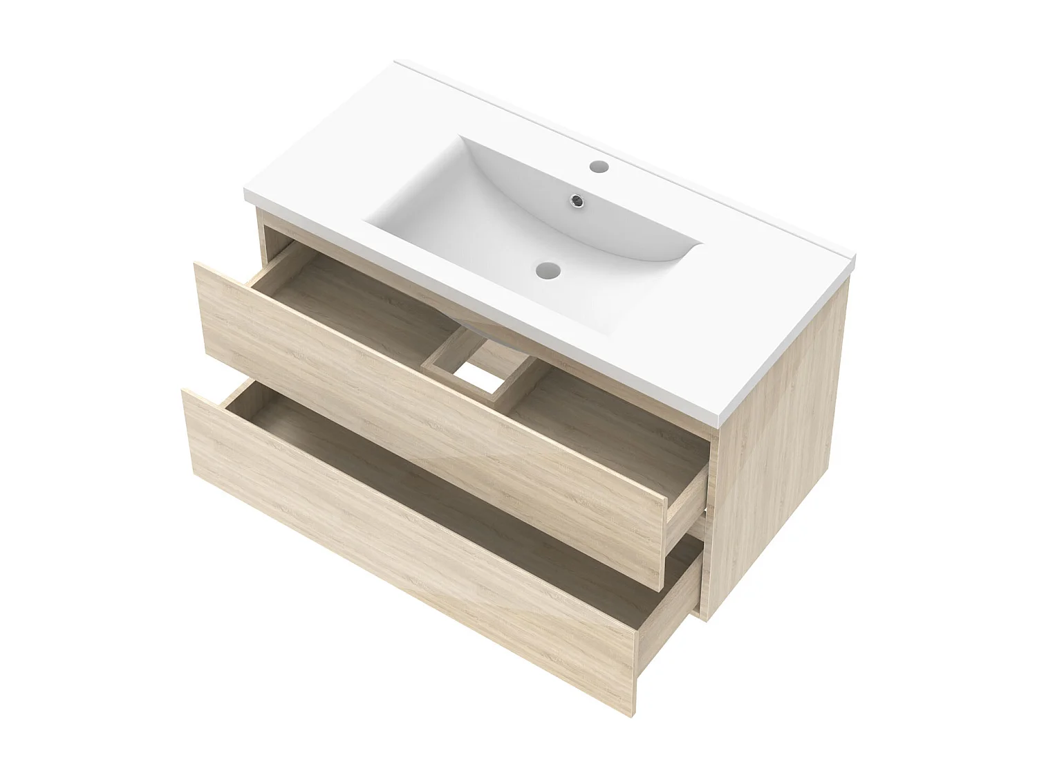 Ensemble meuble salle de bain 100 cm chêne brillant avec 2 tiroirs à fermeture automatique, lavabo céramique simple + colonne, suspendu