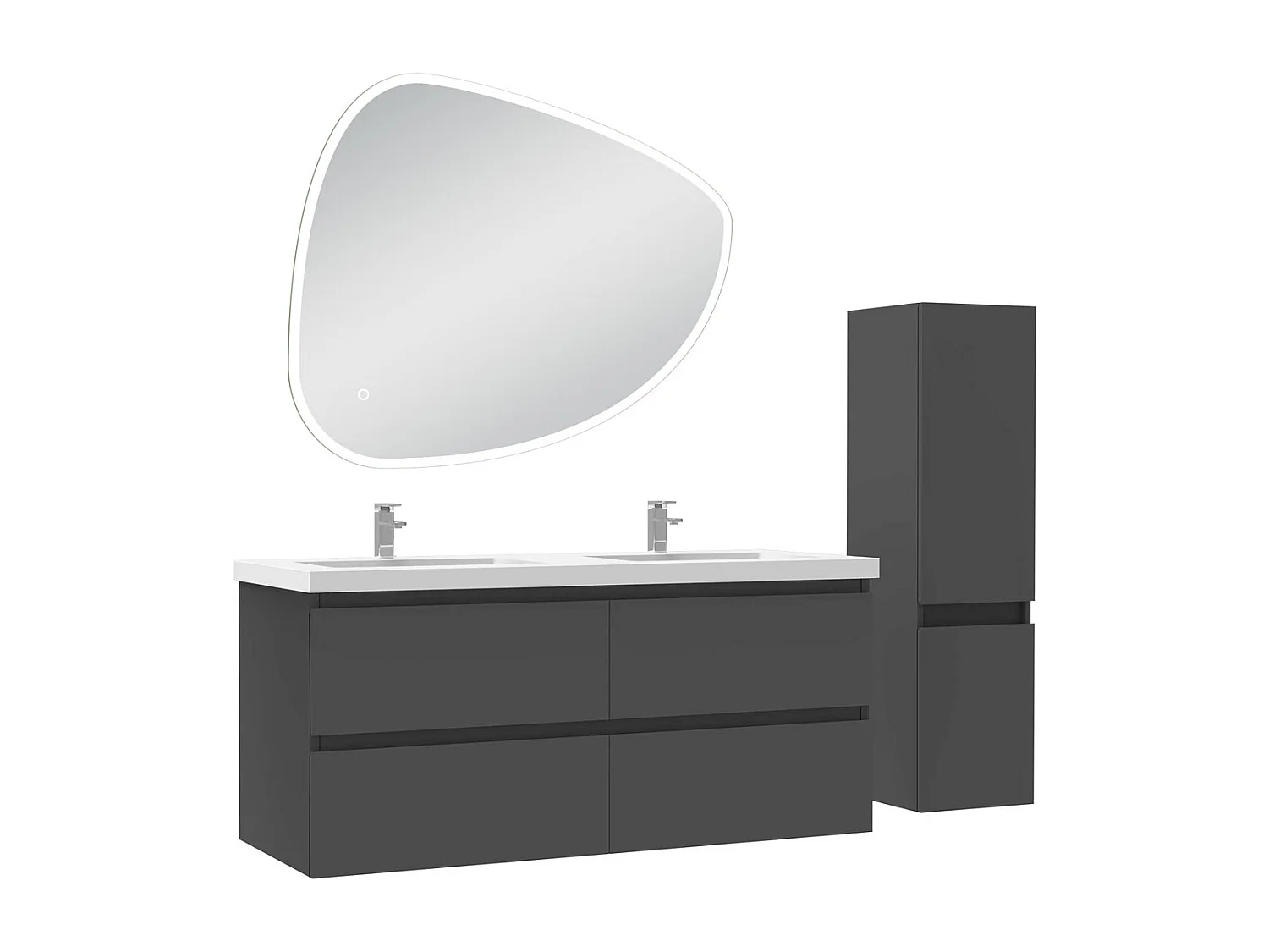Ensemble meuble anthracite et lavabo L.120cm 4 tiroirs + colonne + miroir antibuée Asymétrique à LED 100x80cm-suspendu