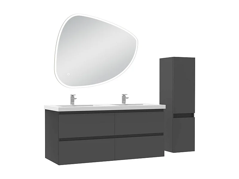 Ensemble meuble anthracite et vasque L.120cm 4 tiroirs + colonne + miroir antibuée Asymétrique à led 100x80cm-suspendu