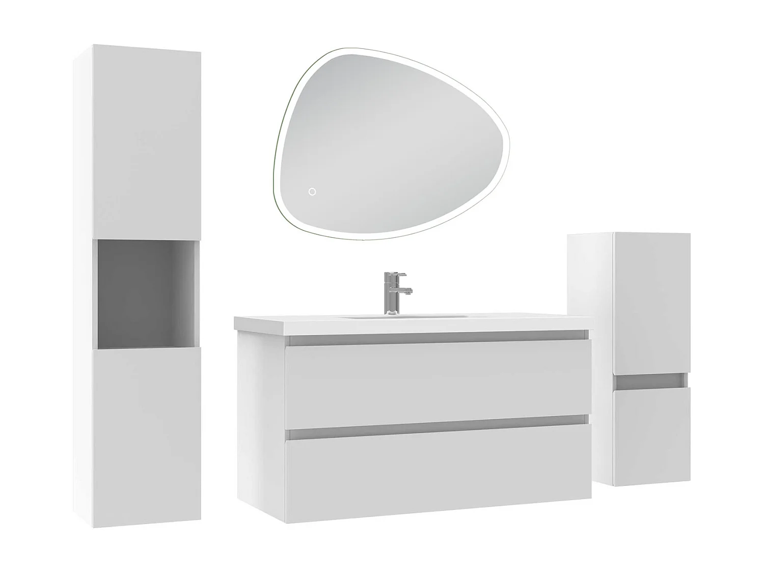 Ensemble meuble blanc et lavabo L.100cm 2 tiroirs + colonne haute + colonne basse + miroir antibuée Asymétrique à LED 80x65cm-suspendu