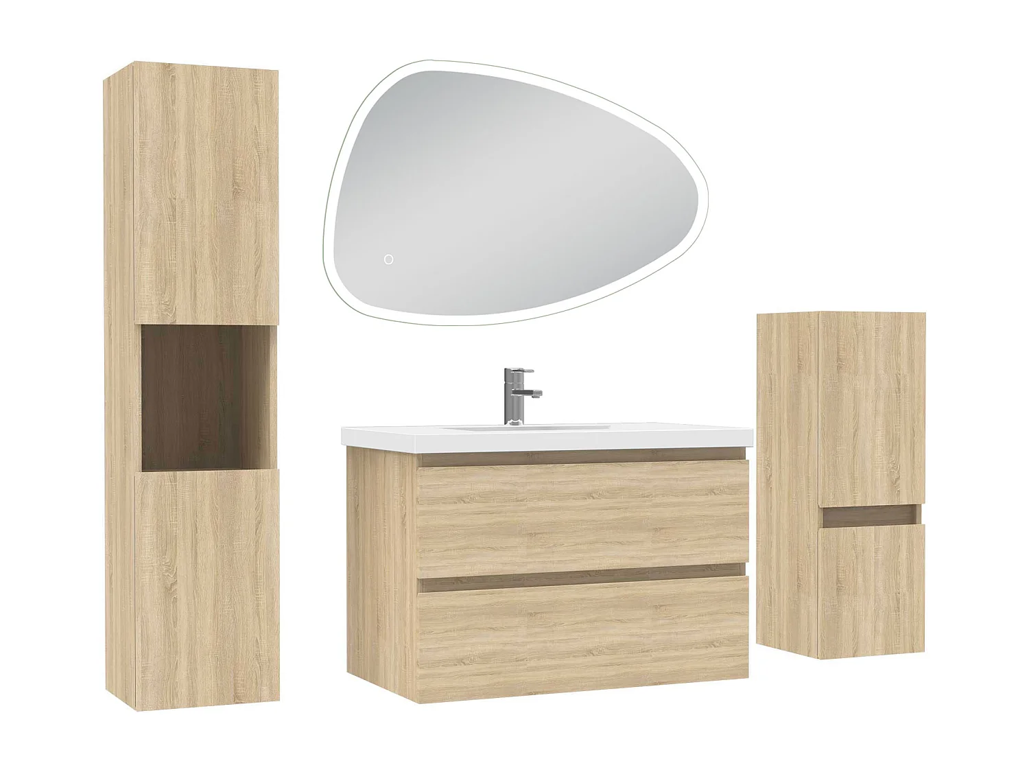 Ensemble meuble chêne et vasque L.80cm 2 tiroirs + colonne haute + colonne basse + miroir antibuée Asymétrique à led 80x55cm-suspendu