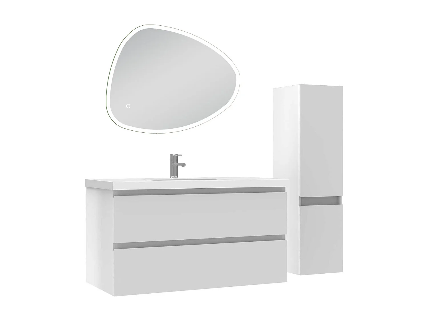 Ensemble meuble blanc et vasque L.100cm 2 tiroirs + colonne + miroir antibuée Asymétrique à led 80x65cm-suspendu