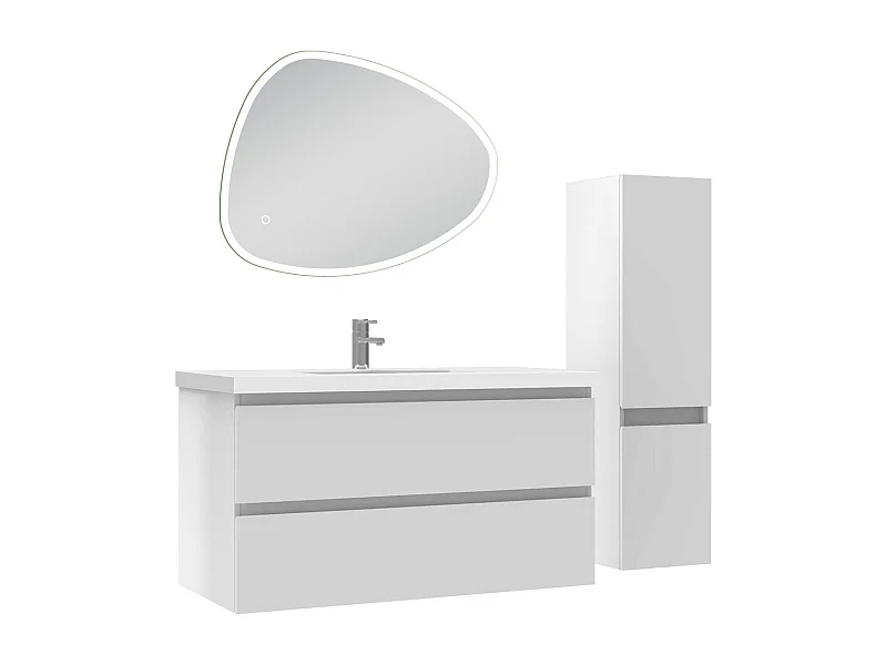 Ensemble meuble blanc et vasque L.100cm 2 tiroirs + colonne + miroir antibuée Asymétrique à led 80x65cm-suspendu