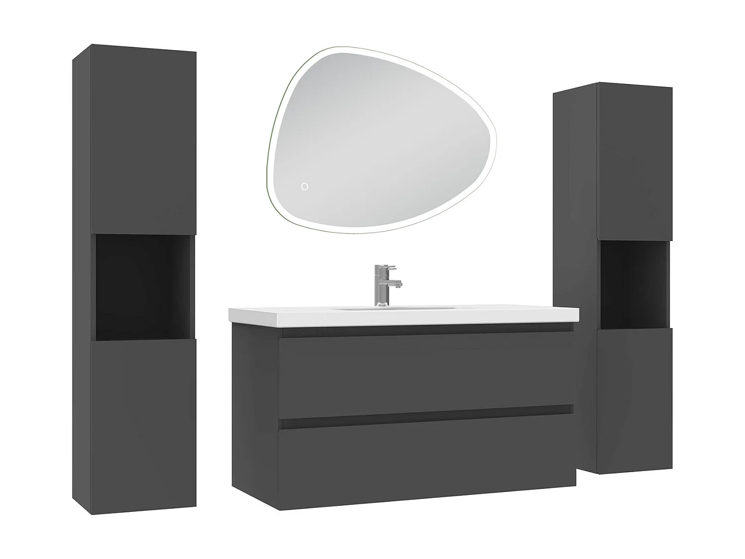 Ensemble meuble anthracite et lavabo L.100cm 2 tiroirs + colonne x 2 haute + miroir antibuée Asymétrique à LED 80x65cm-suspendu
