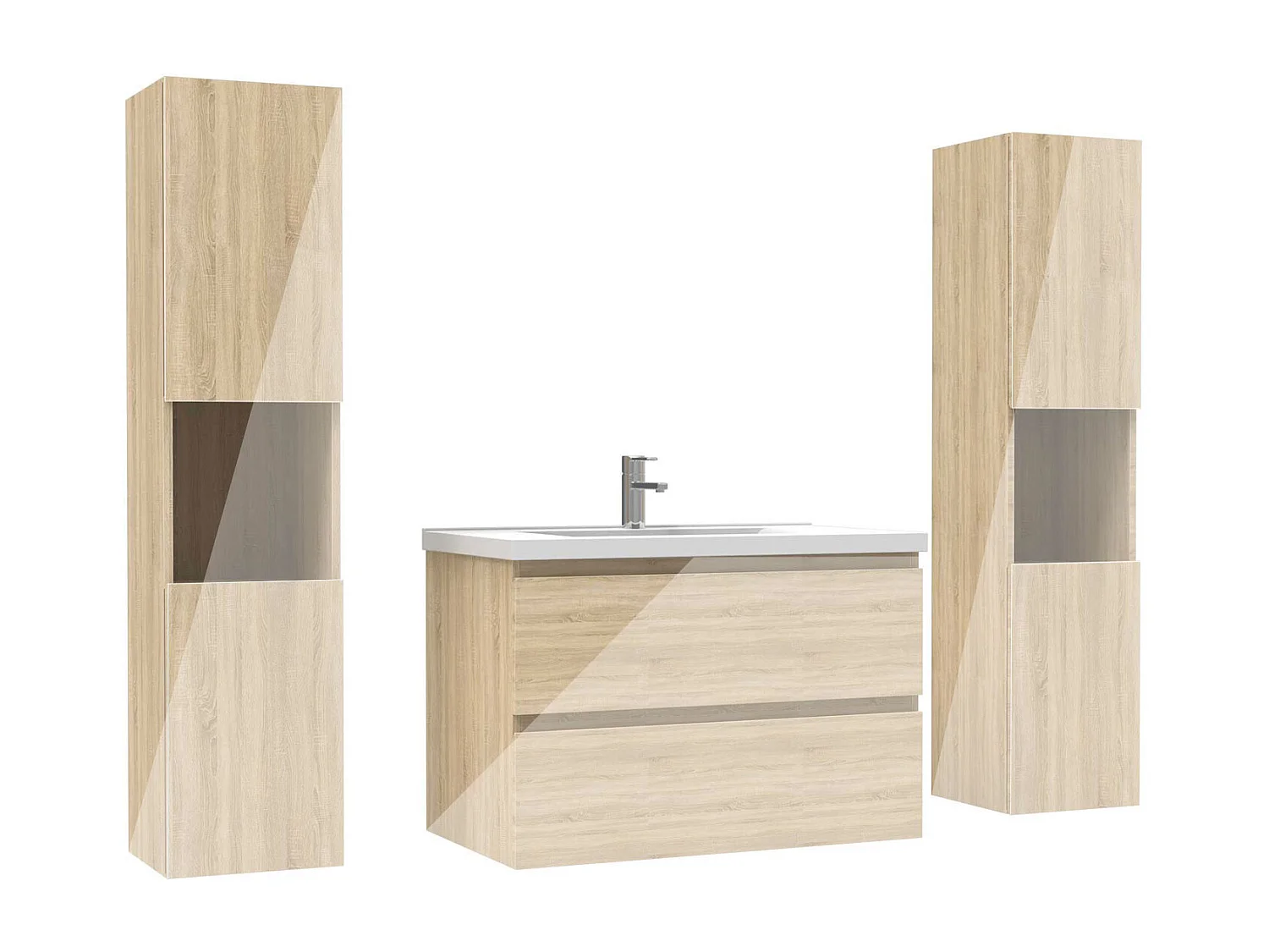 Ensemble meuble salle de bain 80 cm chêne brillant avec 2 tiroirs à fermeture automatique, lavabo céramique simple + colonne haute x2, suspendu