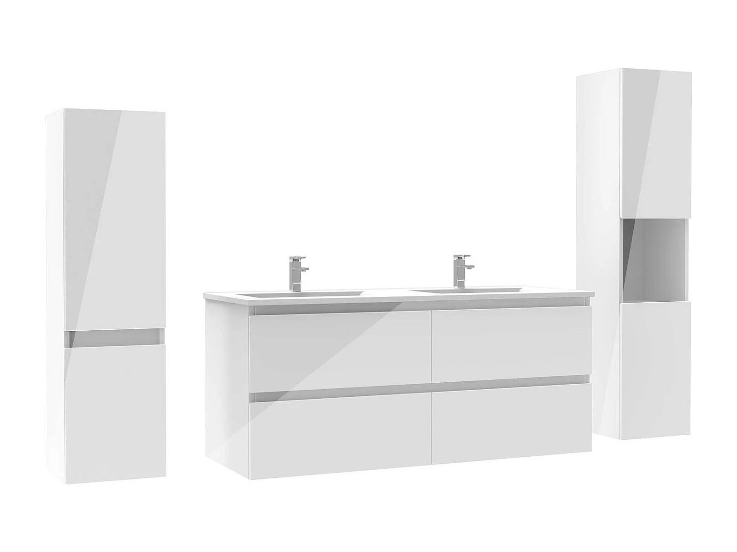 Ensemble meuble salle de bain 120 cm blanc brillant avec 4 tiroirs à fermeture automatique, double lavabo céramique + deux colonnes, suspendu