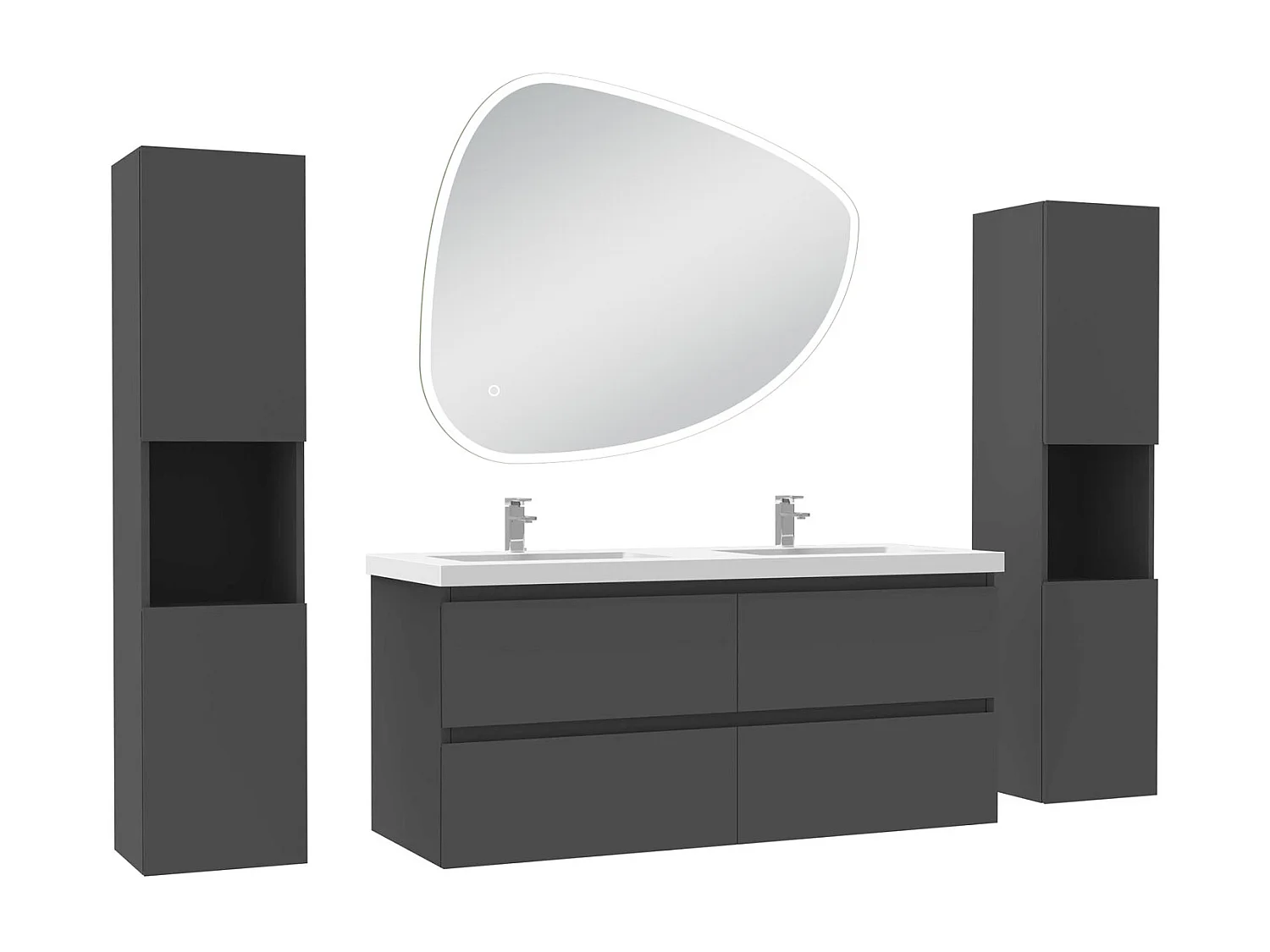Ensemble meuble anthracite et lavabo L.120cm 4 tiroirs + colonne x 2 haute + miroir antibuée Asymétrique à LED 100x80cm-suspendu