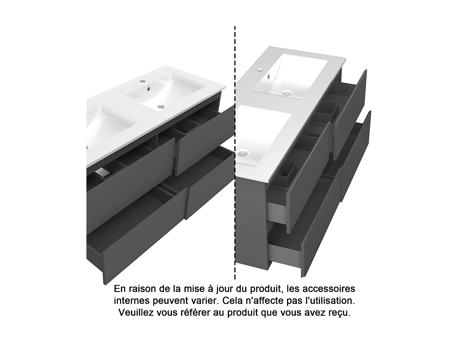 Ensemble meuble anthracite et lavabo L.120cm 4 tiroirs + colonne x 2 haute + miroir antibuée Asymétrique à LED 100x80cm-suspendu