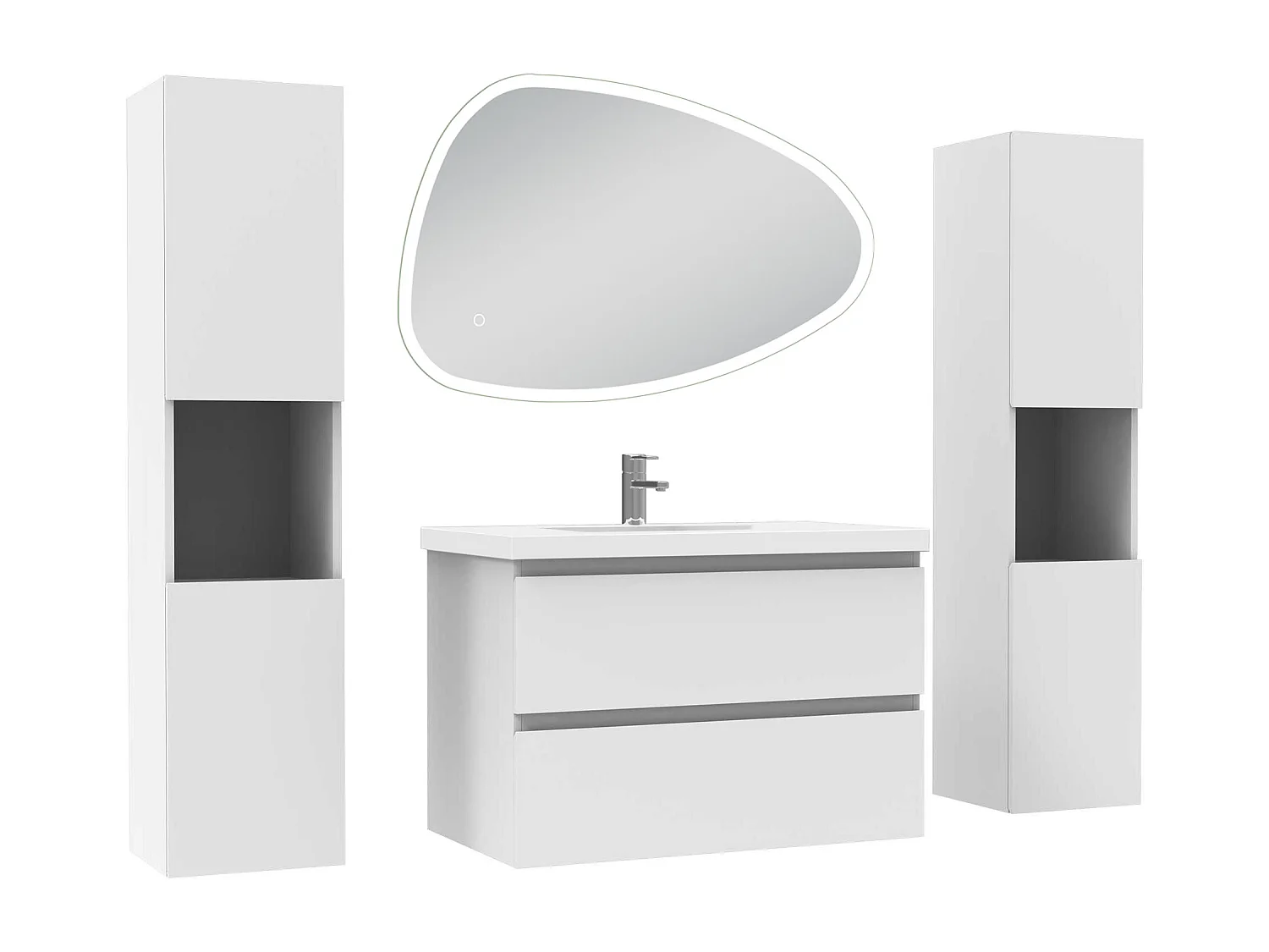 Ensemble meuble blanc et vasque L.80cm 2 tiroirs + colonne x 2 haute + miroir antibuée Asymétrique à led 80x55cm-suspendu