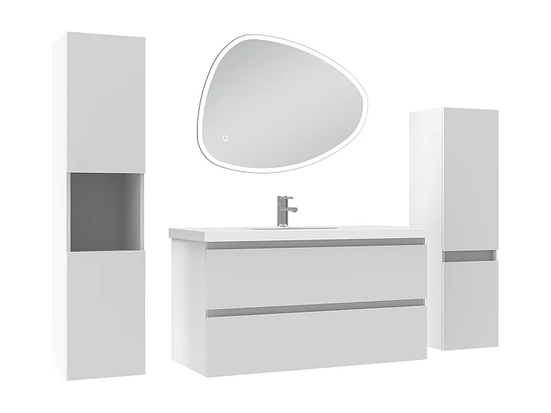Ensemble meuble blanc et lavabo L.100cm 2 tiroirs + colonne haute x 2 + miroir antibuée Asymétrique à LED 80x65cm-suspendu