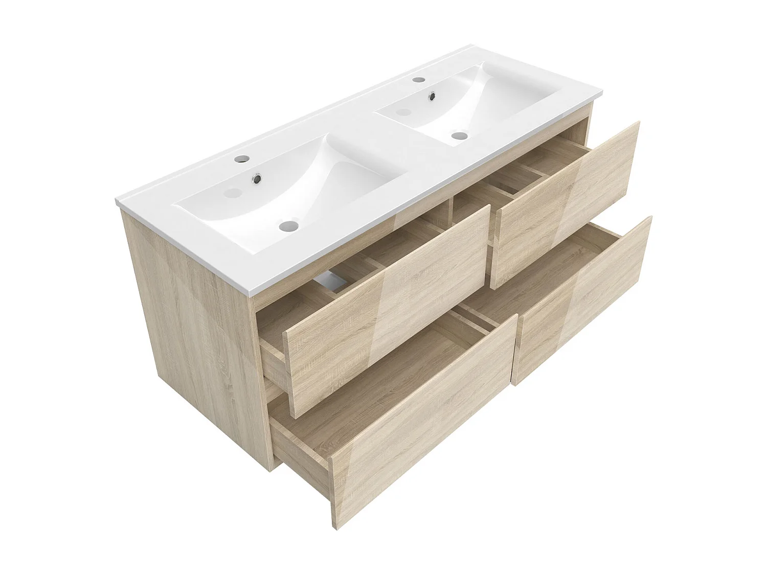 Meuble salle de bain 120cm chêne brillant avec 4 tiroirs à fermeture automatique et double lavabo céramique