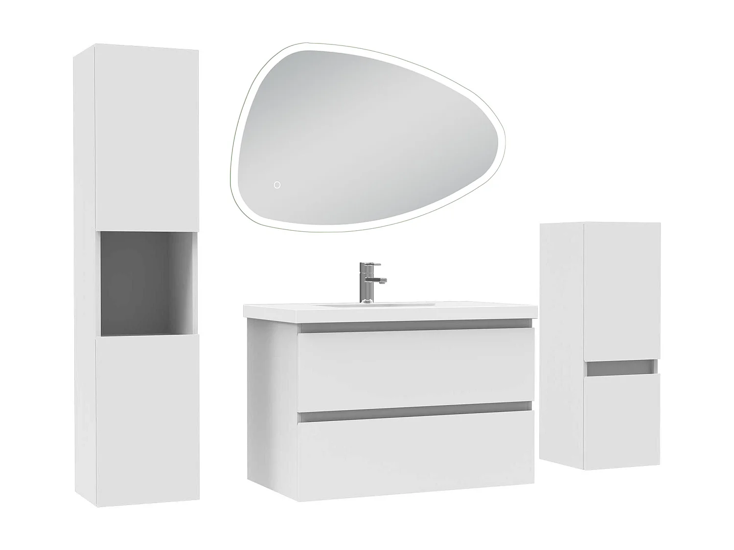 Ensemble meuble blanc et lavabo L.80cm 2 tiroirs + colonne haute + colonne basse + miroir antibuée Asymétrique à LED 80x55cm-suspendu