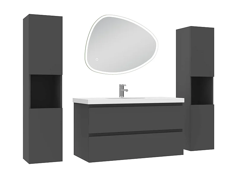 Ensemble meuble anthracite et vasque L.100cm 2 tiroirs + colonne x 2 haute + miroir antibuée Asymétrique à led 80x65cm-suspendu