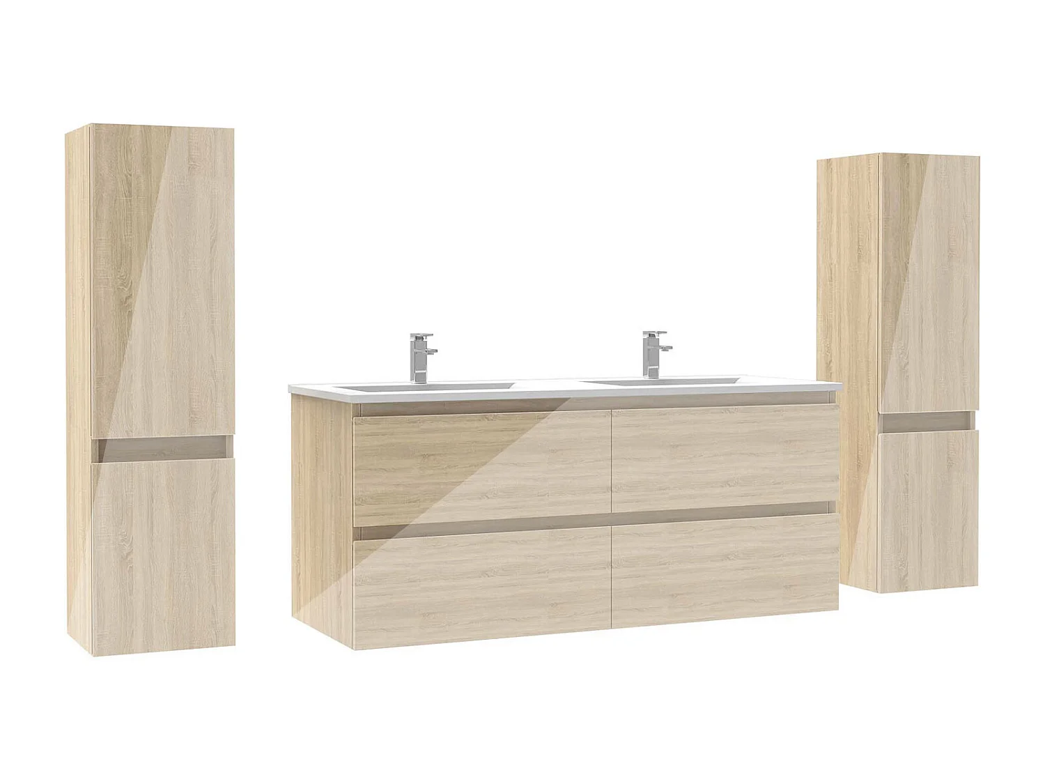 Ensemble meuble salle de bain 120 cm chêne brillant avec 4 tiroirs à fermeture automatique, double lavabo céramique + 2 colonnes, suspendu