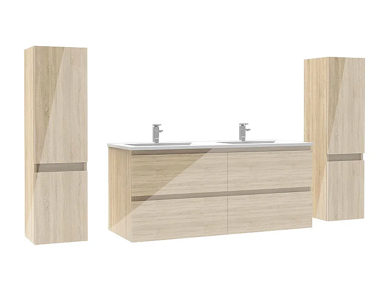 Ensemble meuble salle de bain 120 cm chêne brillant avec 4 tiroirs à fermeture automatique, double lavabo céramique + 2 colonnes, suspendu
