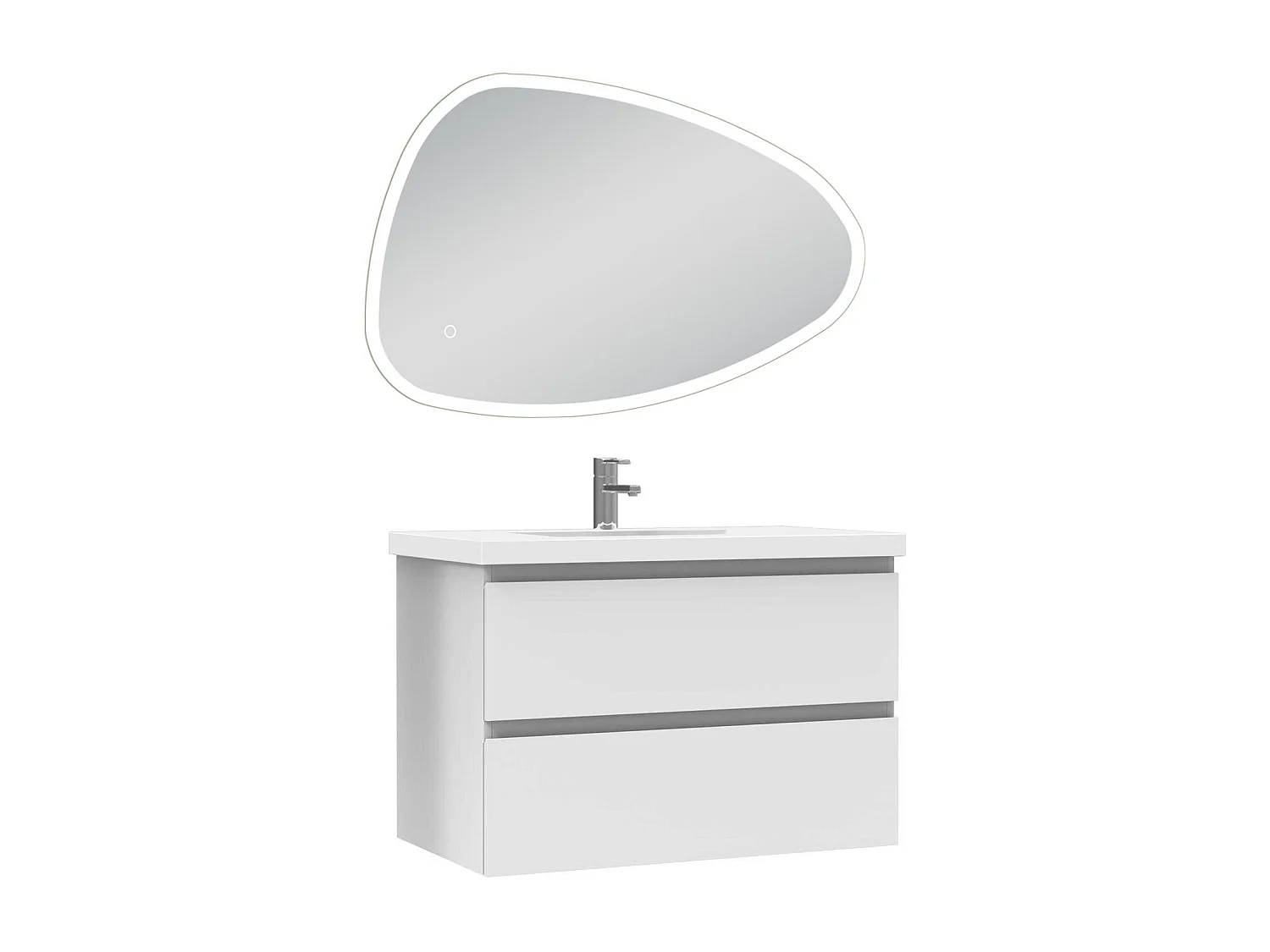 Meuble de salle de bain avec lavabo, 80cm, 2 tiroirs avec fermeture amortie + miroir LED Asymétrique multifonctionnel avec antibuée 80x55cm, meuble suspendu blanc