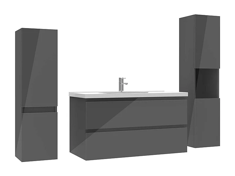 Ensemble meuble salle de bain 100 cm anthracite brillant avec 2 tiroirs à fermeture automatique, lavabo céramique simple + deux colonnes, suspendu