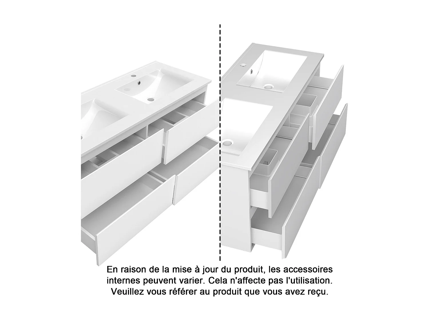 Ensemble meuble blanc et vasque L.120cm 4 tiroirs + colonne haute x 2 + miroir antibuée Asymétrique à led 100x80cm-suspendu