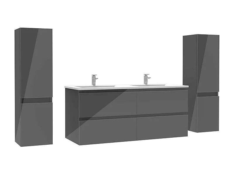 Ensemble meuble salle de bain 120 cm anthracite brillant avec 4 tiroirs à fermeture automatique, double lavabo céramique + 2 colonnes, suspendu