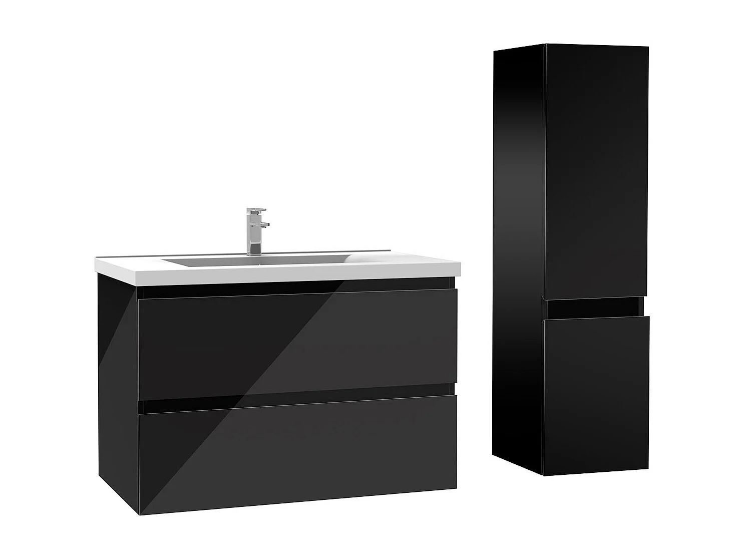 Ensemble meuble salle de bain 80 cm noir brillant avec 2 tiroirs à fermeture automatique, lavabo céramique simple + colonne, suspendu