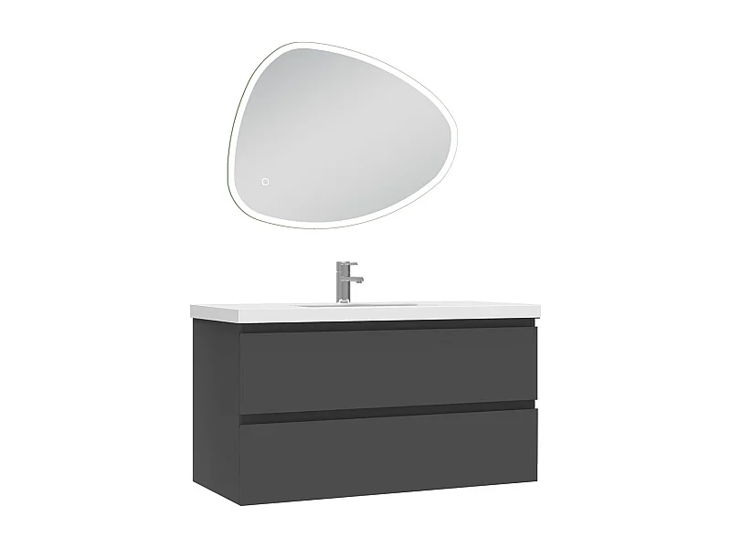 Meuble de salle de bain avec lavabo, 100cm, 2 tiroirs avec fermeture amortie + miroir led Asymétrique avec antibuée 80x65cm, meuble suspendu anthracite
